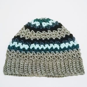 Handmade Gray, Blue, and Black Beanie Hat